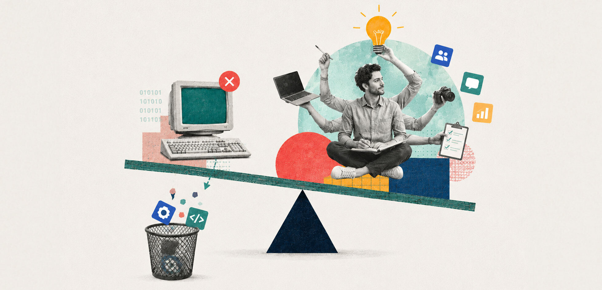 Illustration of outdated technology and tool icons being discarded while a multi-skilled person balances creative, technical and human skills, representing the shift from short-lived hard skills to future-ready human skills.