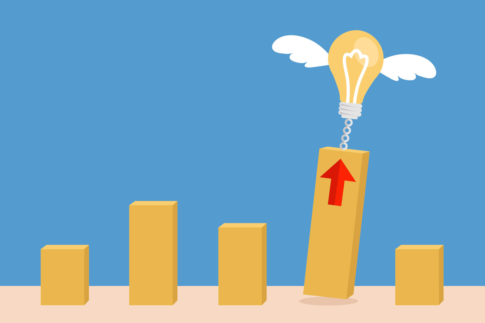 Illustration of a winged light bulb rising from the tallest bar of a chart