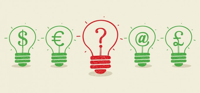 A row of light bulb drawings holding currency symbols, with a question mark in the middle one
